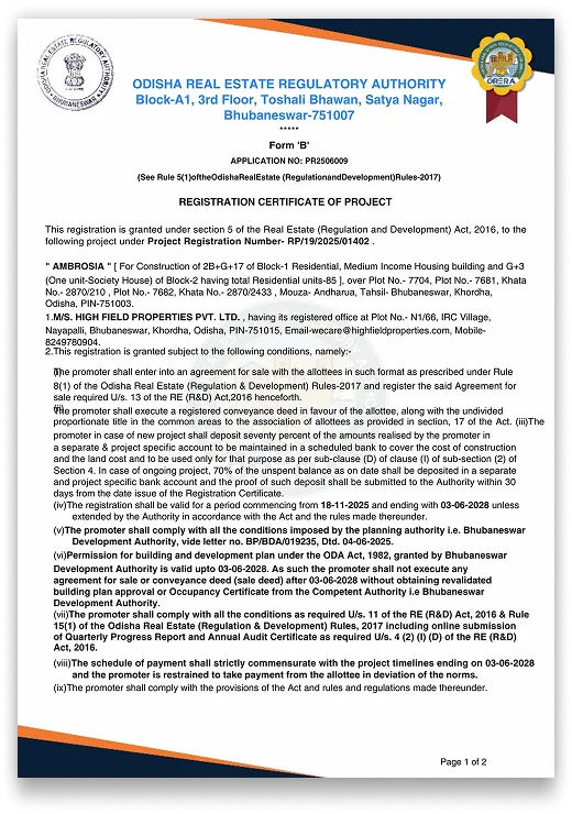 Odisha RERA Certificate