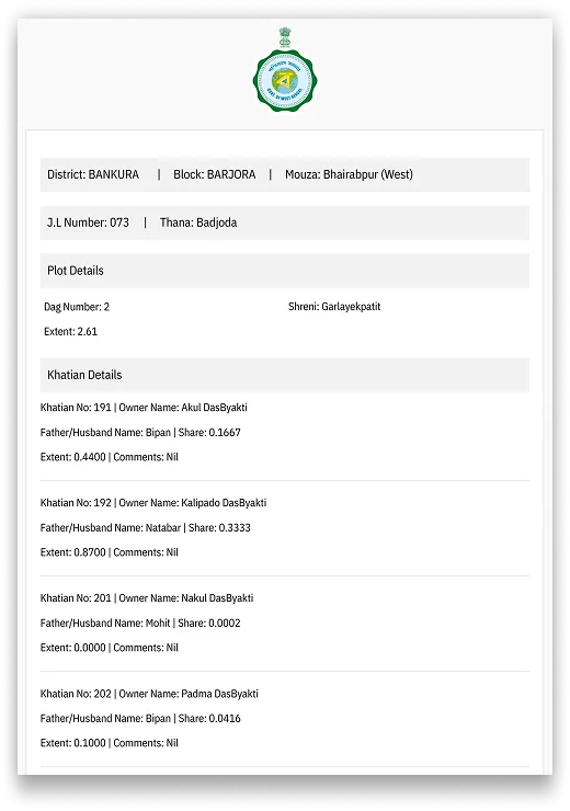 West Bengal Porcha ROR & Certified Copy