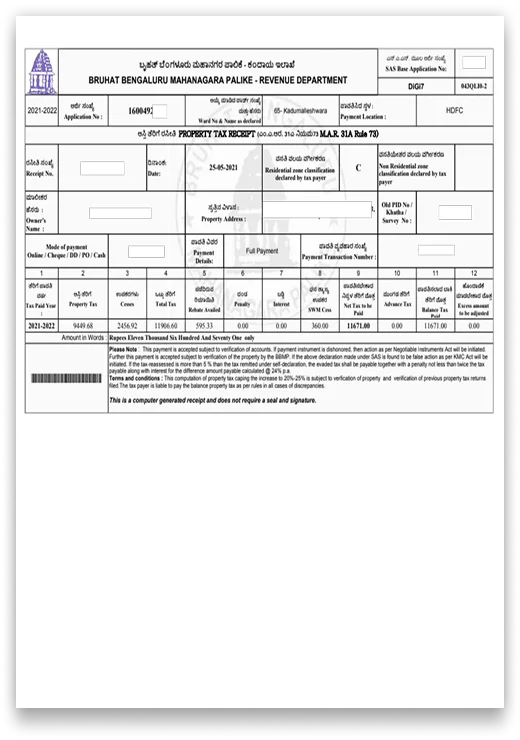 Karnataka BBMP Tax Receipt