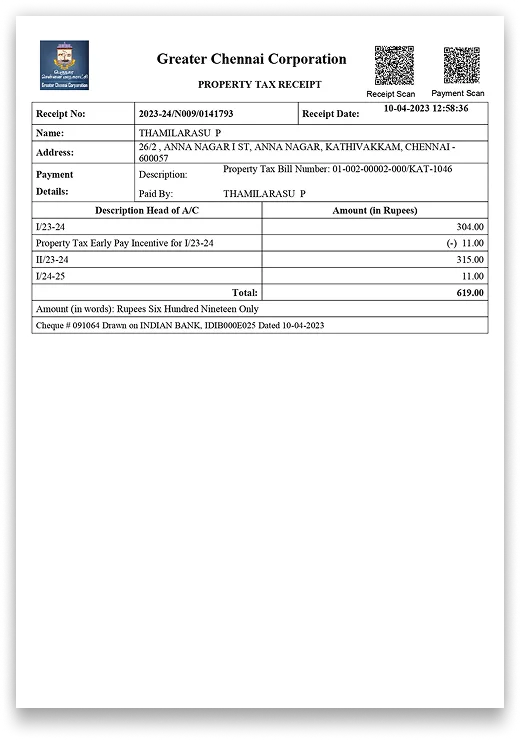 Tamil Nadu Property Tax Receipt