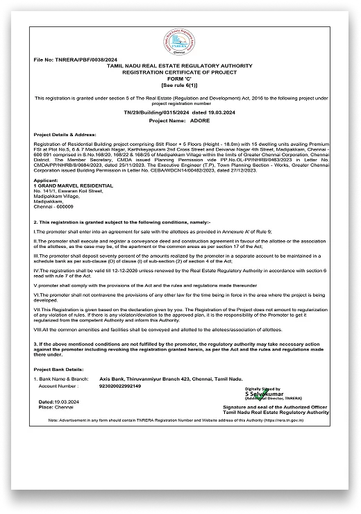 Tamil Nadu RERA Certificate