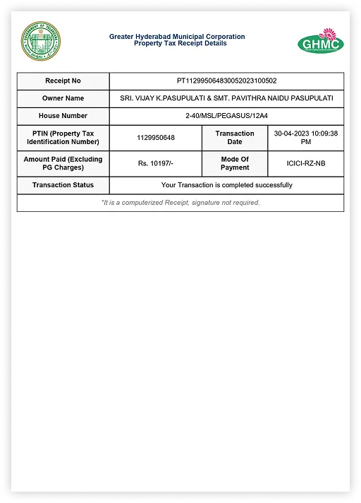 Telangana Property Tax Receipt